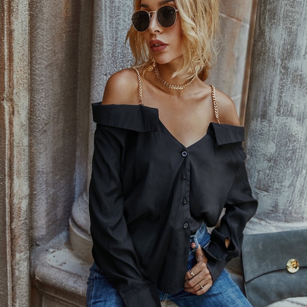 boho button down off shoulder black top - Picture 3 of 6